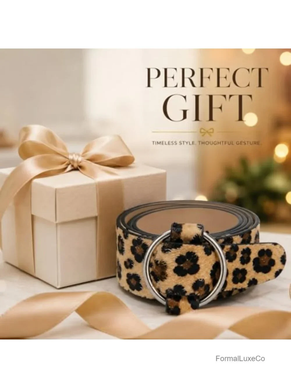 Women's Leopard Print Faux Leather Belt, No-Hole Adjustable O-Ring